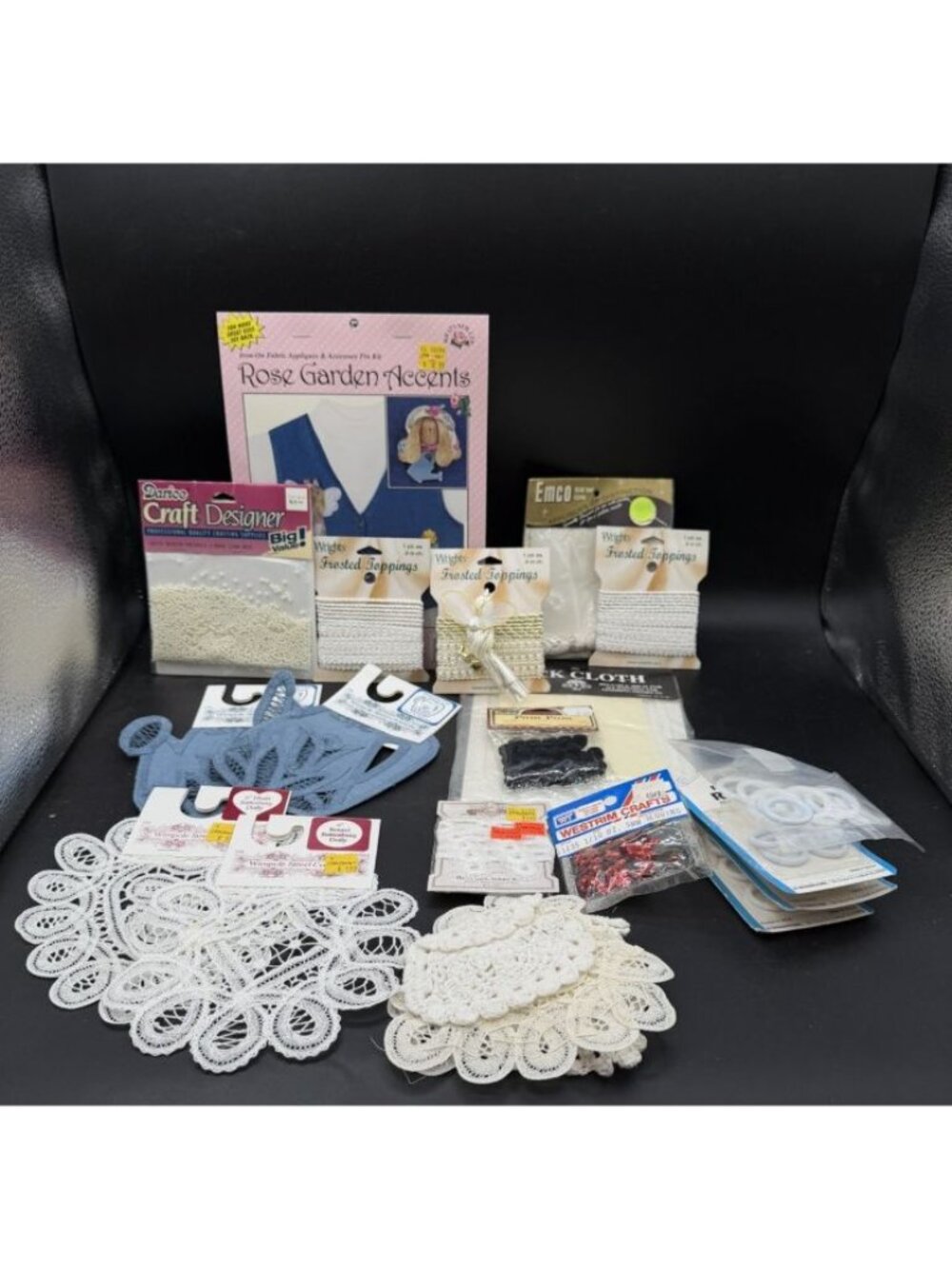 Mixed Lot Doll Making Notions Supplies Lace Doilies Fabric & Battenburg Sequins